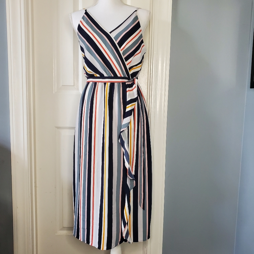 Loft Petite Medium Striped Midi Summer Wrap Dress